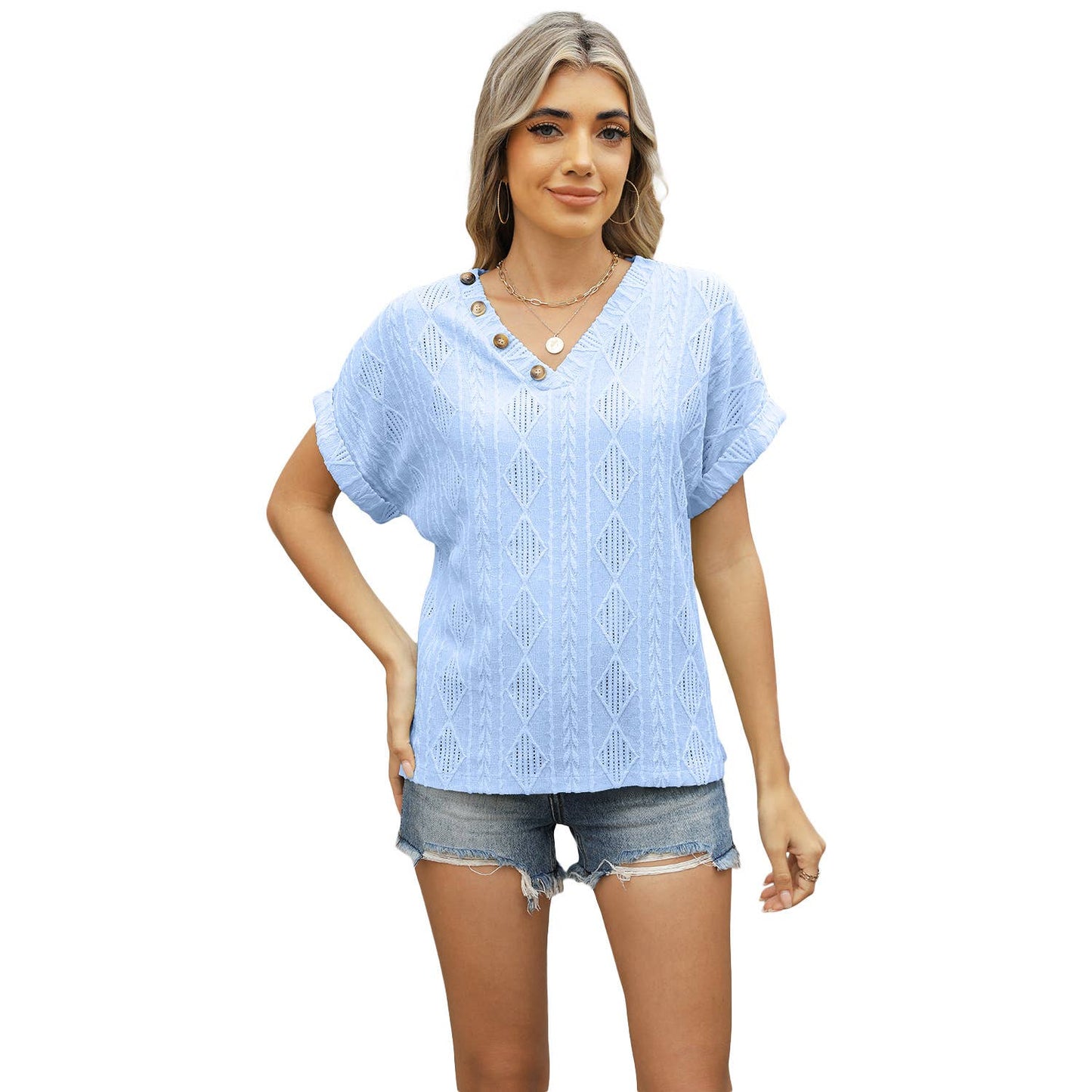 V-neck jacquard button loose cutout T-shirt