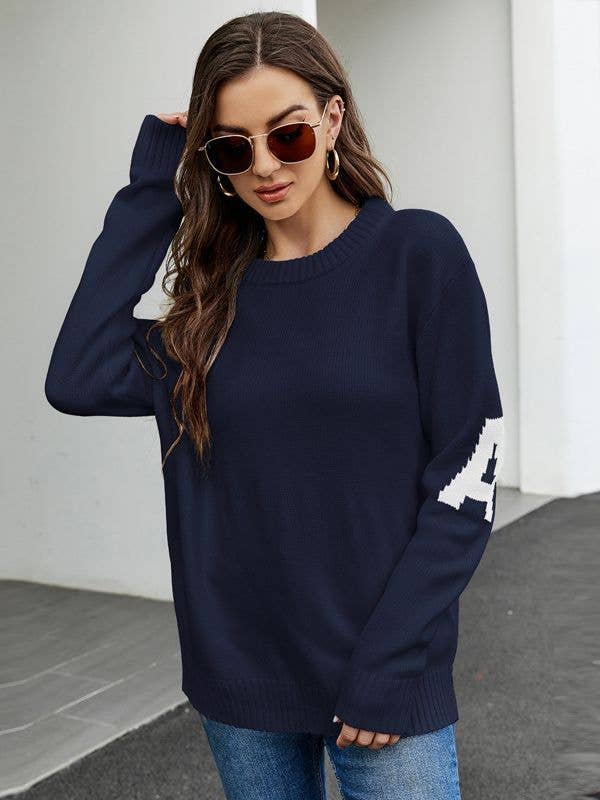 LETTER JACQUARD CASUAL SLOUCHY PULLOVER SWEATER