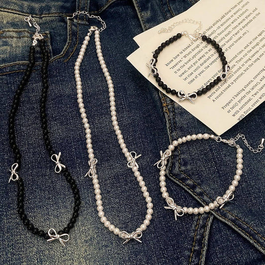 HIGH-END RETRO PEARL BOW NECKLACE BRACELET SET