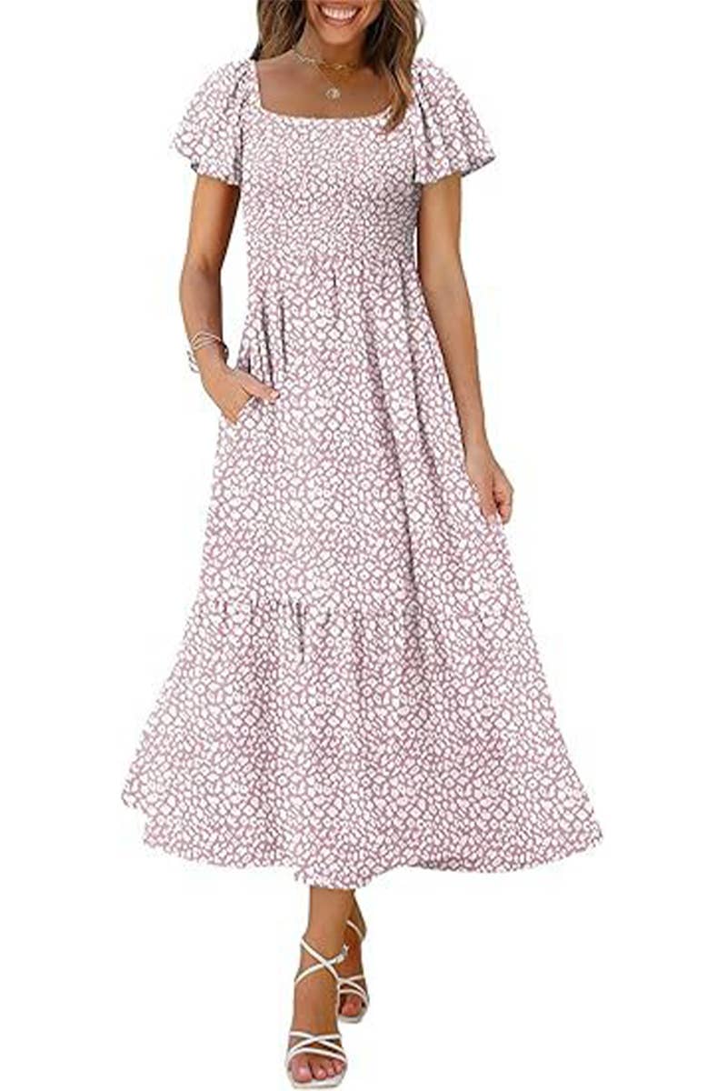 CWDMD6363_SQUARE NECK BUTTERFLY SLEEVE SHIRRED POCKET DRESS