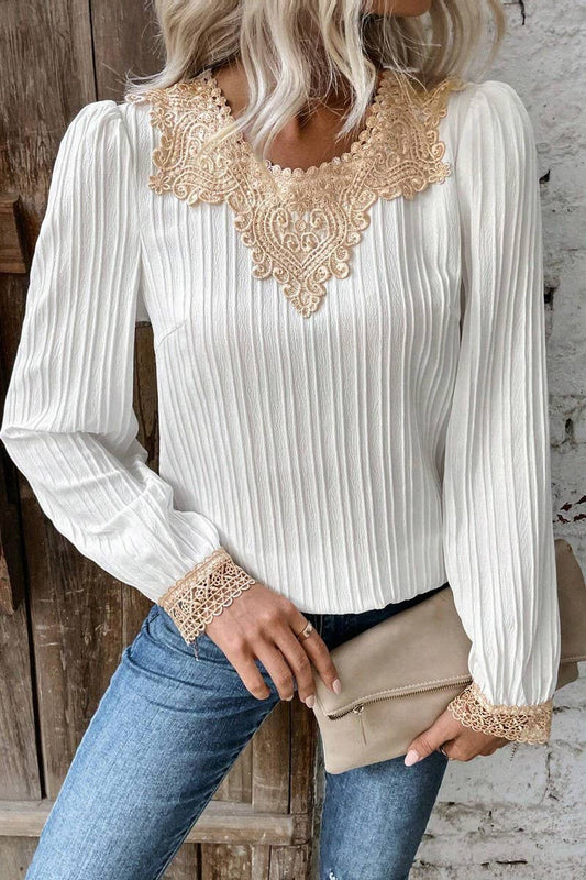 French Crew-Neck Lace Patchwork Fashion Shirt