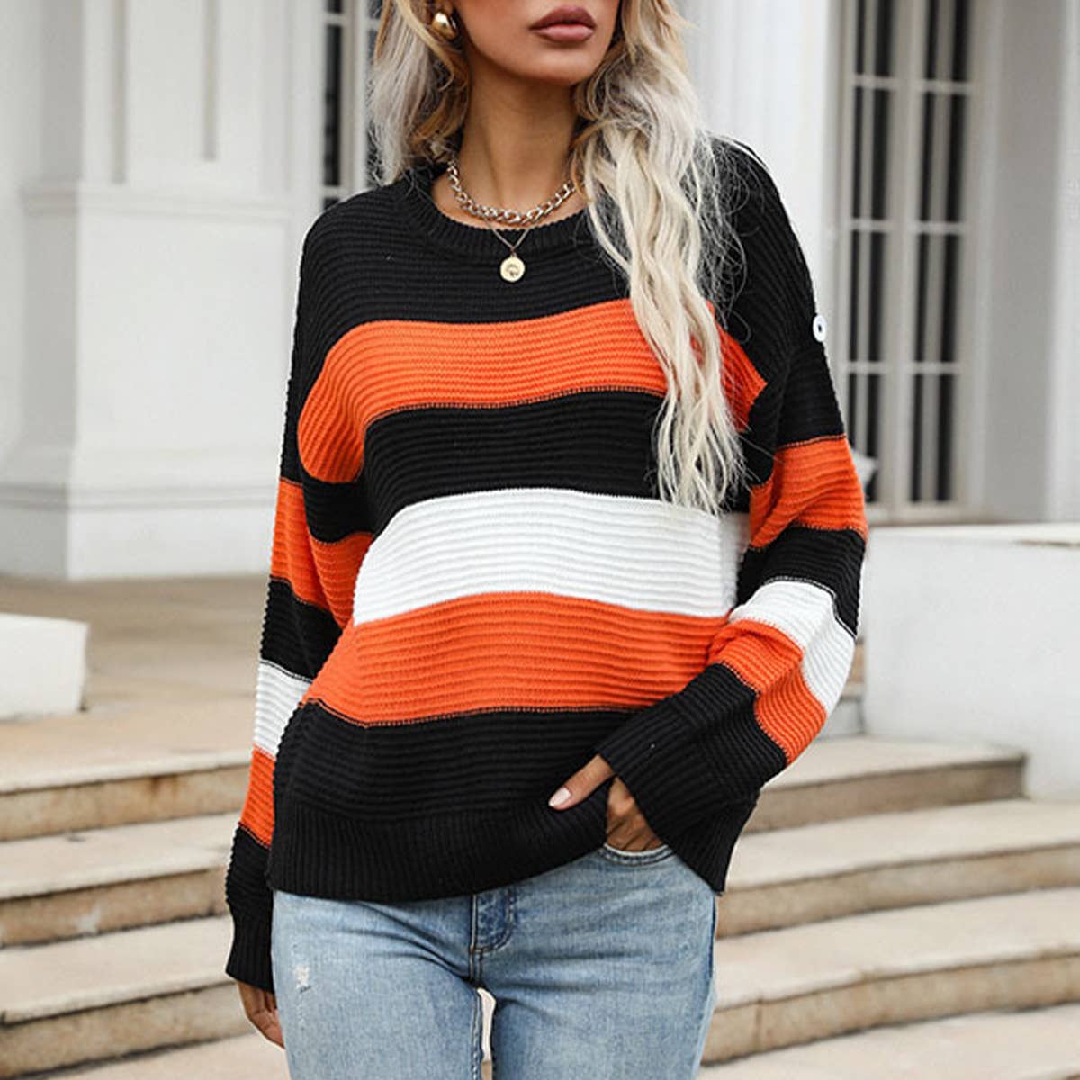 THIN LONG-SLEEVED LOOSE-FITTING STRIPED SWEATER