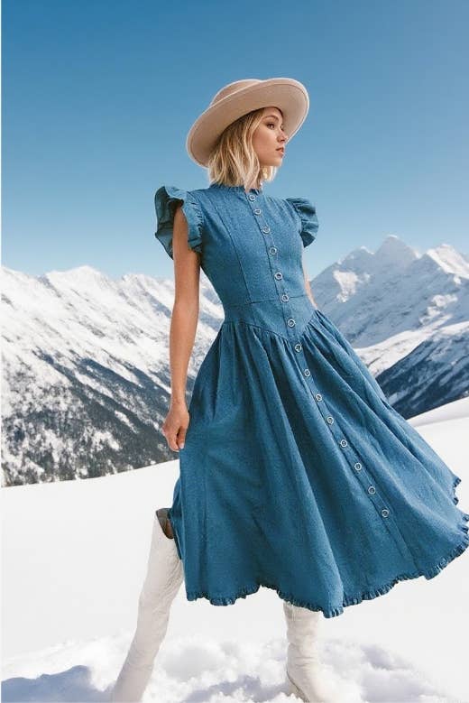 CWDMD6370_RUFFLED DENIM-LOOK BUTTON FRONT DRESS