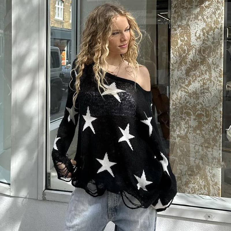 SLOUCHY CASUAL COLOR STAR PATCHWORK LOOSE SWEATER