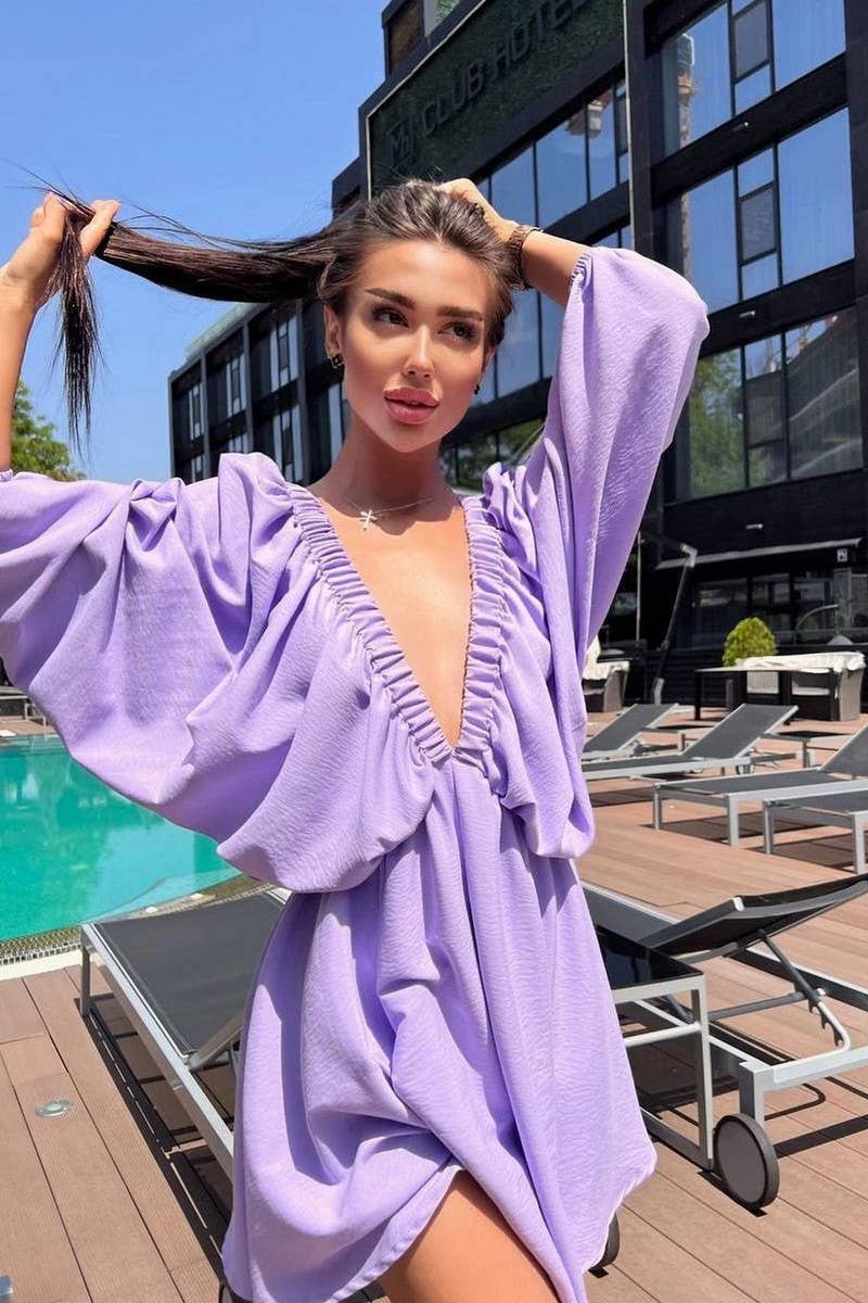 CWDSD6540_SOLID COLOR LANTERN SLEEVE V-NECK SEXY DRESS