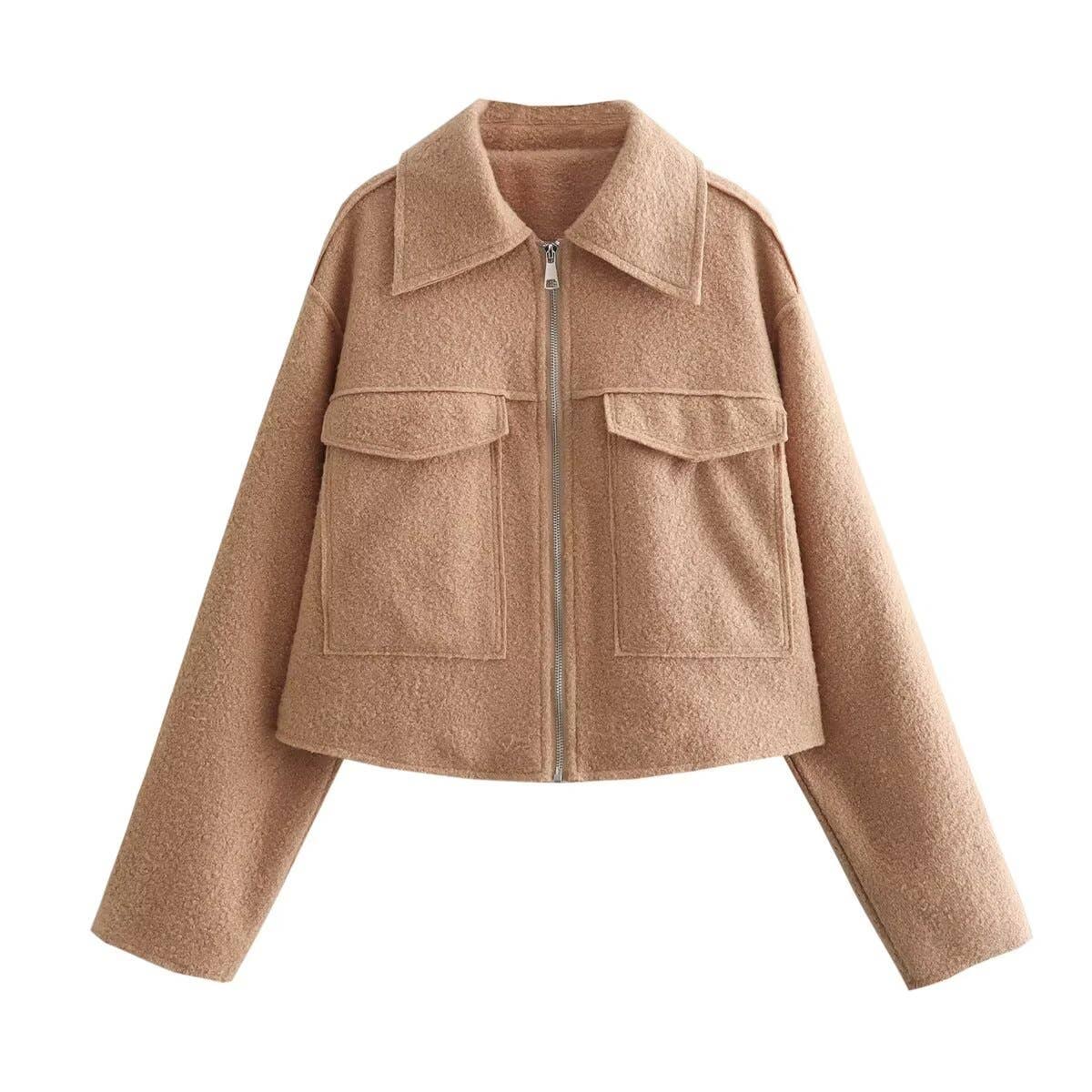 SOLID COLOR LAPEL ZIP-UP CROPPED JACKET