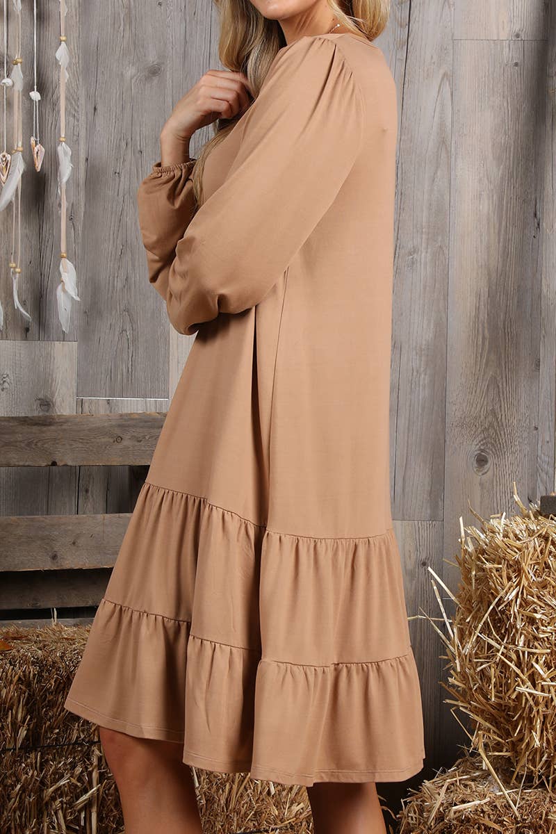 CWDSD10356_LONG SLEEVE SHIRRING LAYERED HEM MINI DRESS