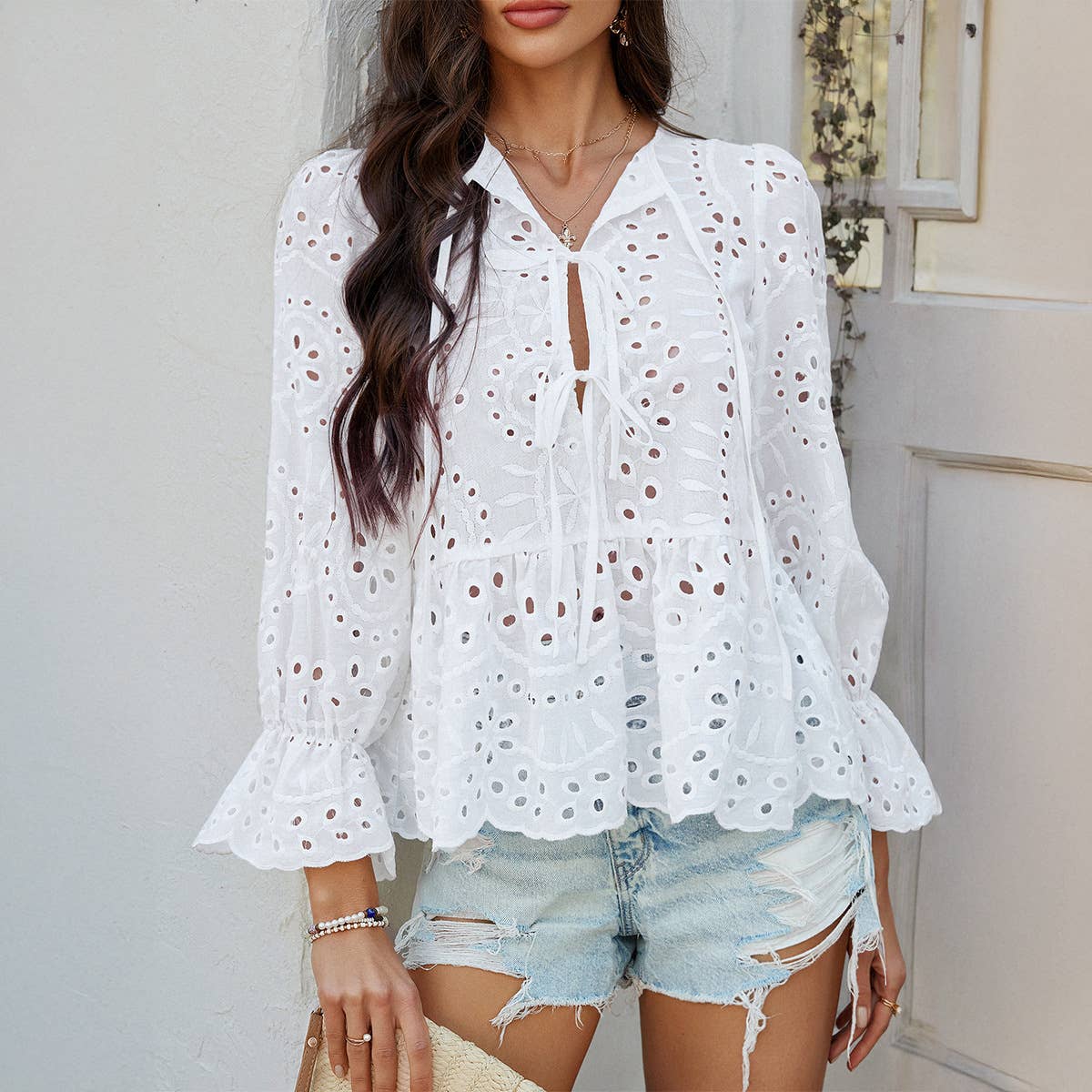 Solid color hollow leisure loose lace-up cardigan