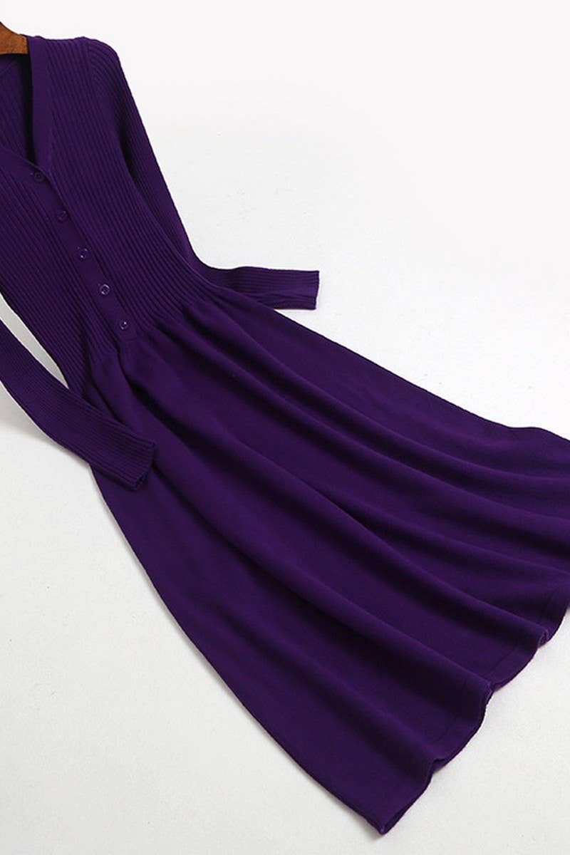 CWDMD4015_V-NECK WAIST BELOW KNEE LONG KNITTED DRESS