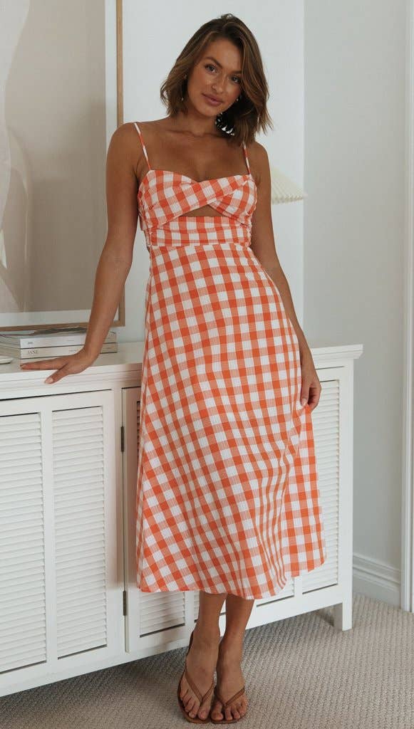 Plaid Cutout Front Backless Maxi Dress