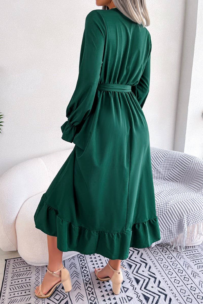 CWDMD4716_TEMPERAMENT V-NECK LACE WAIST RUFFLED LONG SKIRT