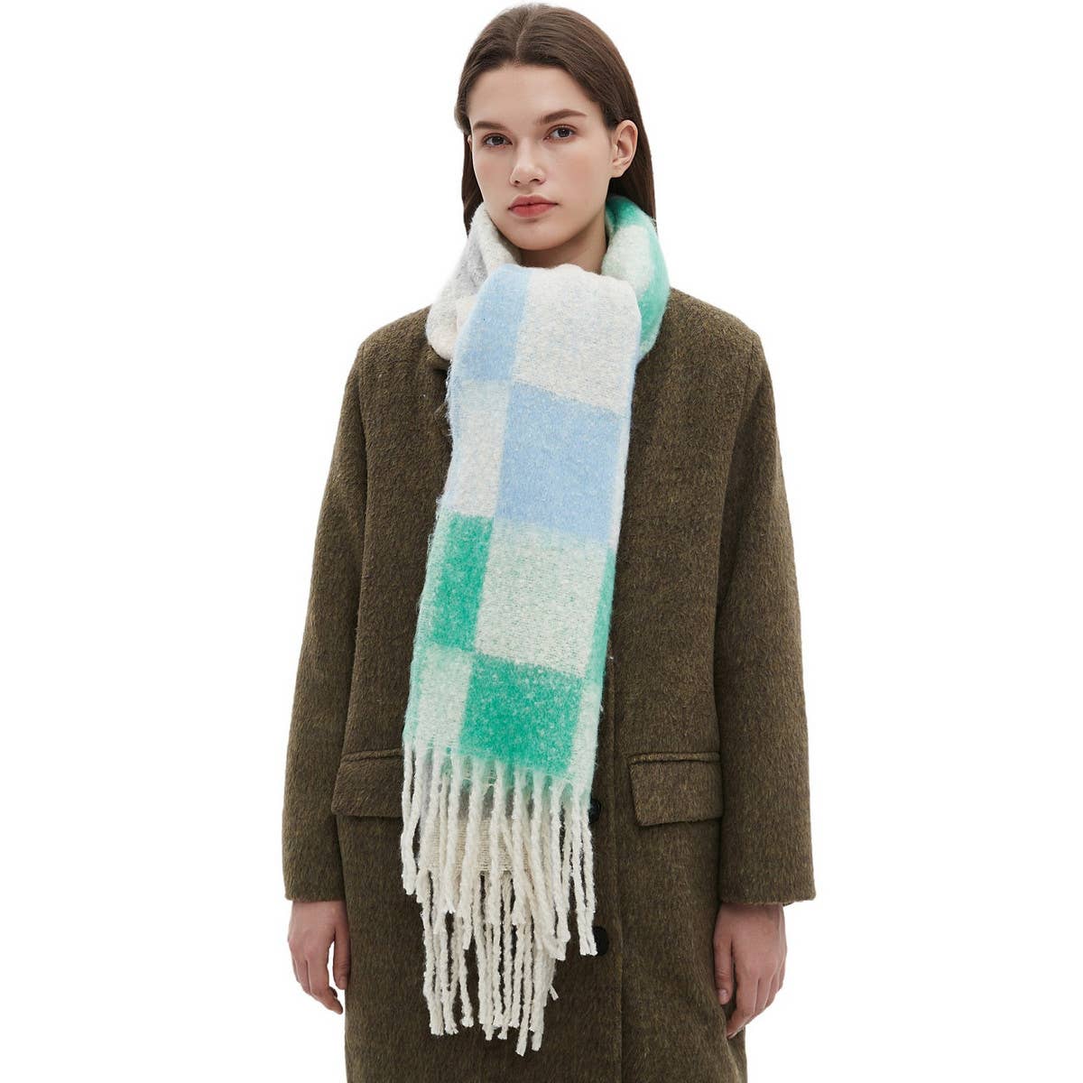 Tassel Circle Yarn Checkered Scarf for Fall/Winter