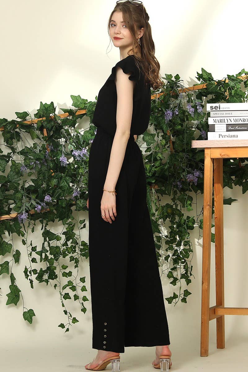 CWBLP426_BANDED SMOCKING LONG PANTS WITH BUTTON DETAILED