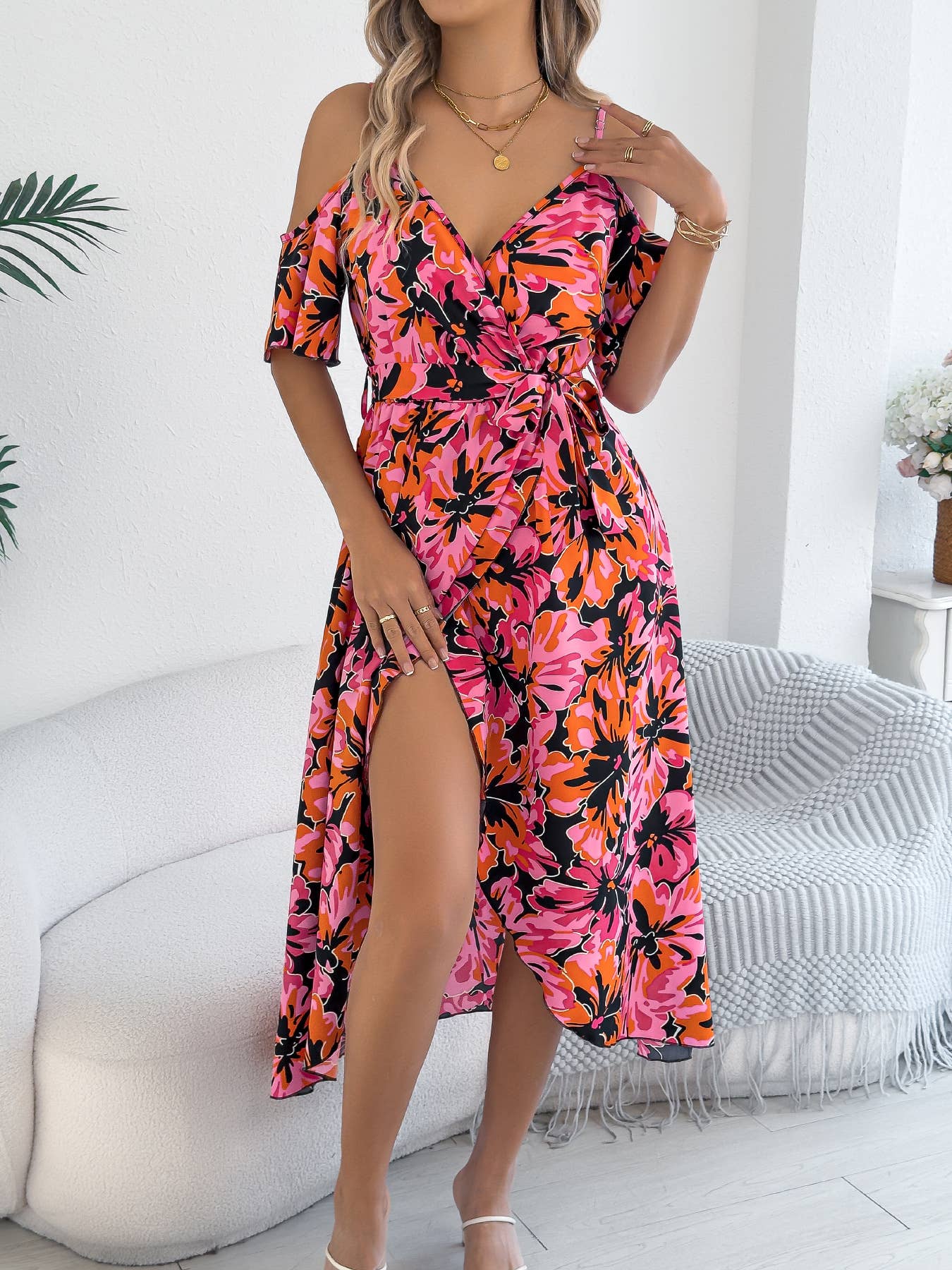 Off-the-shoulder cross-neck printed halter dress