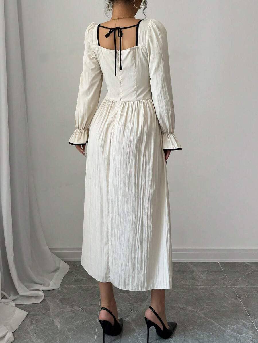 SQUARE COLLAR FLARED SLEEVE FLORAL CONTRAST DRESS