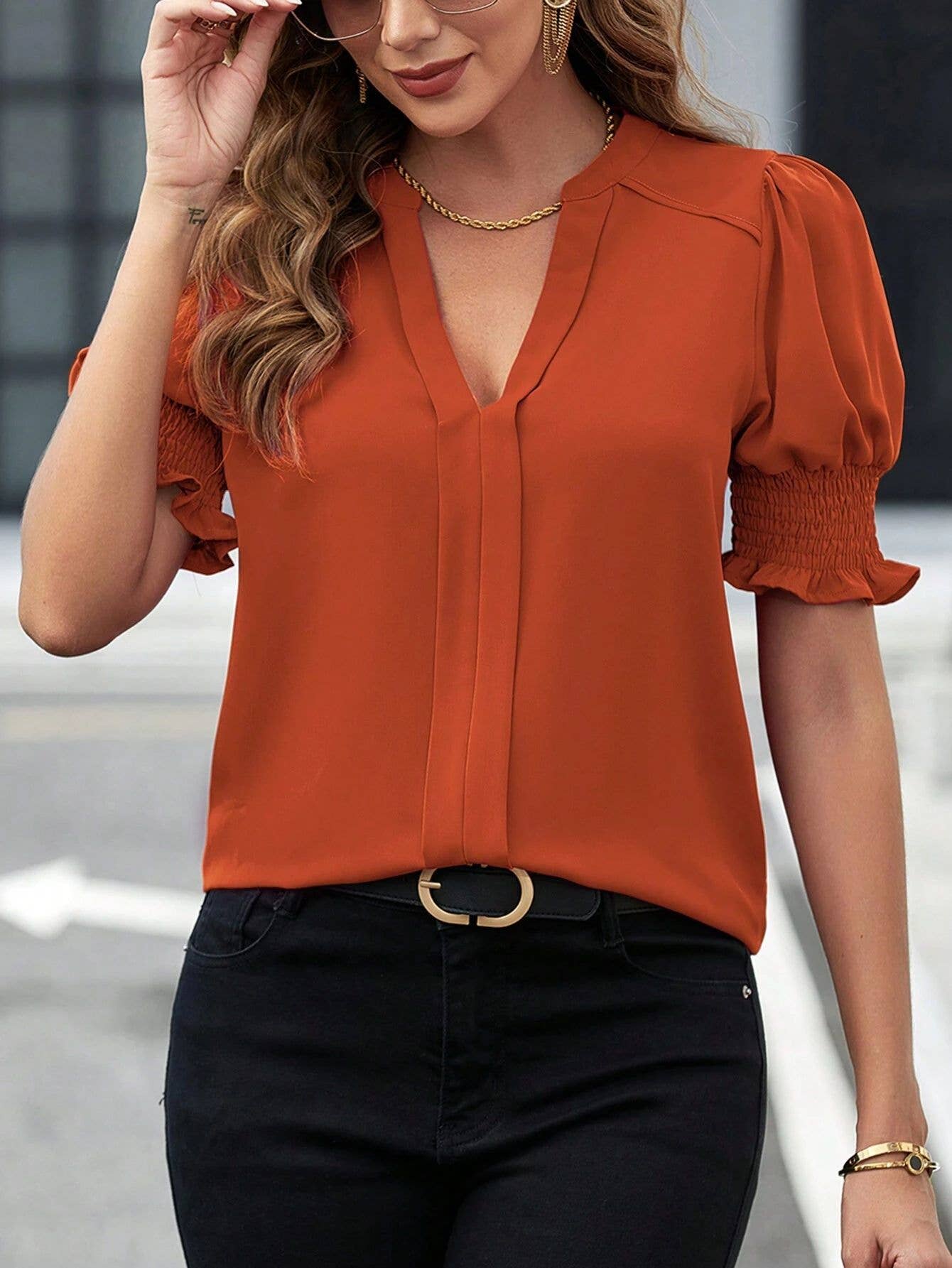 V-neck temperament puffy sleeve loose shirt