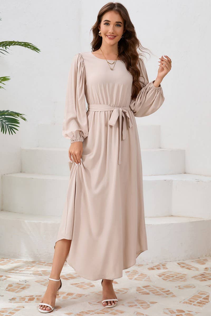CWDMD4001_ROUND NECK TIE BUBBLE LONG SLEEVE DRESS