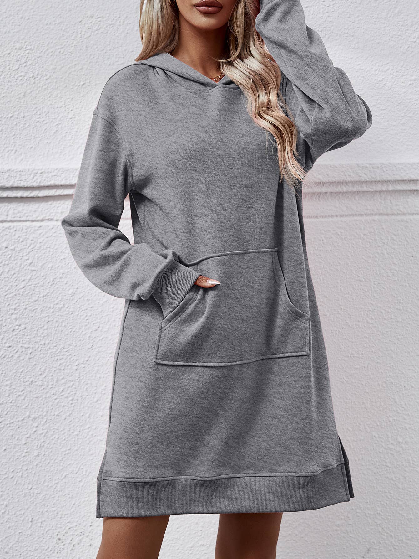 Hooded long-sleeved kangaroo pocket split dress