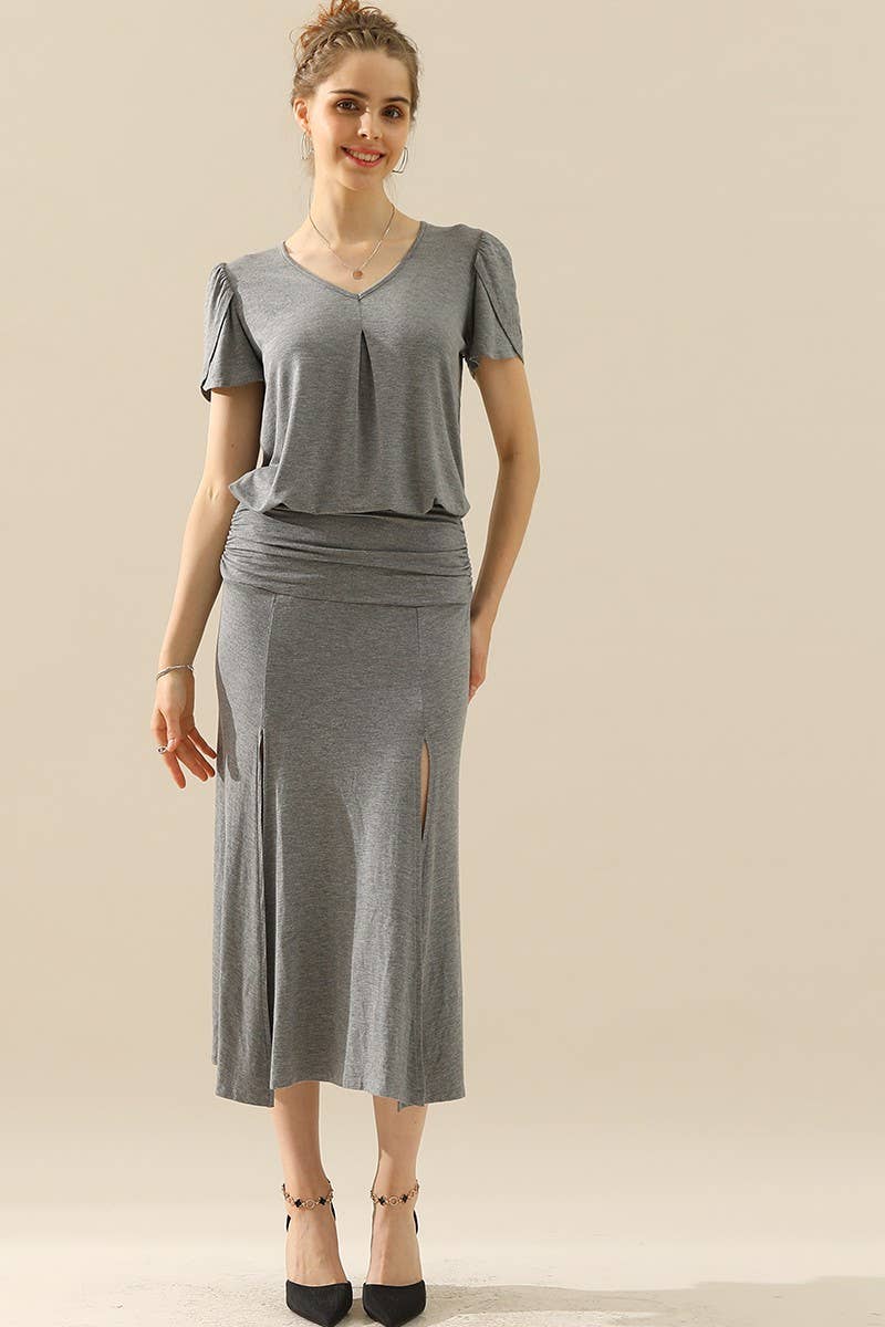 CWBLS120_HIGH WAIST SHIRRED FLOUNCE MAXI SKIRTS WITH SLIT