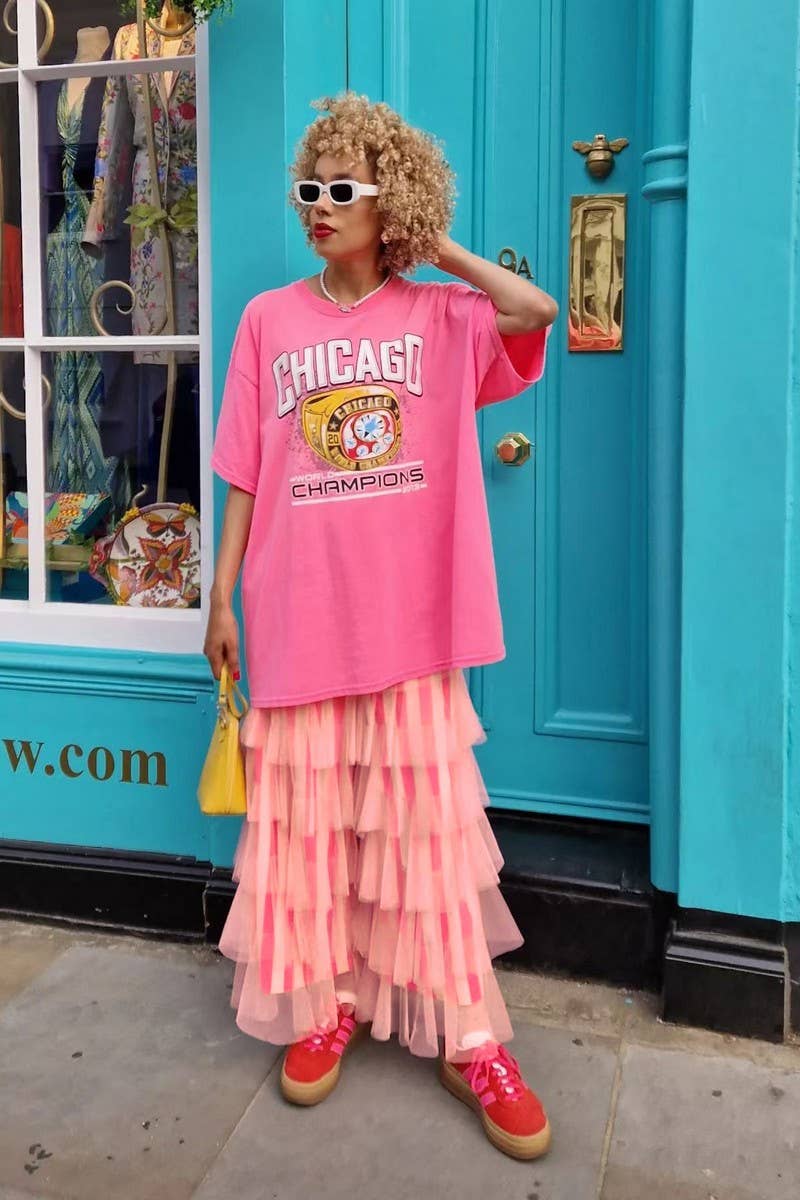 CWBLP2010_STRIPED TIERED MESH PATCHWORK WIDE LEG PANTS