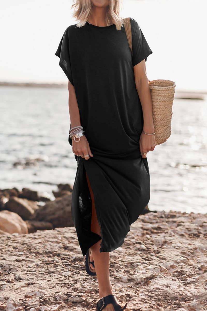 CWDMD4867_ROUND NECK CASUAL LOOSE SLIT SIDE LONG BEACH DRESS