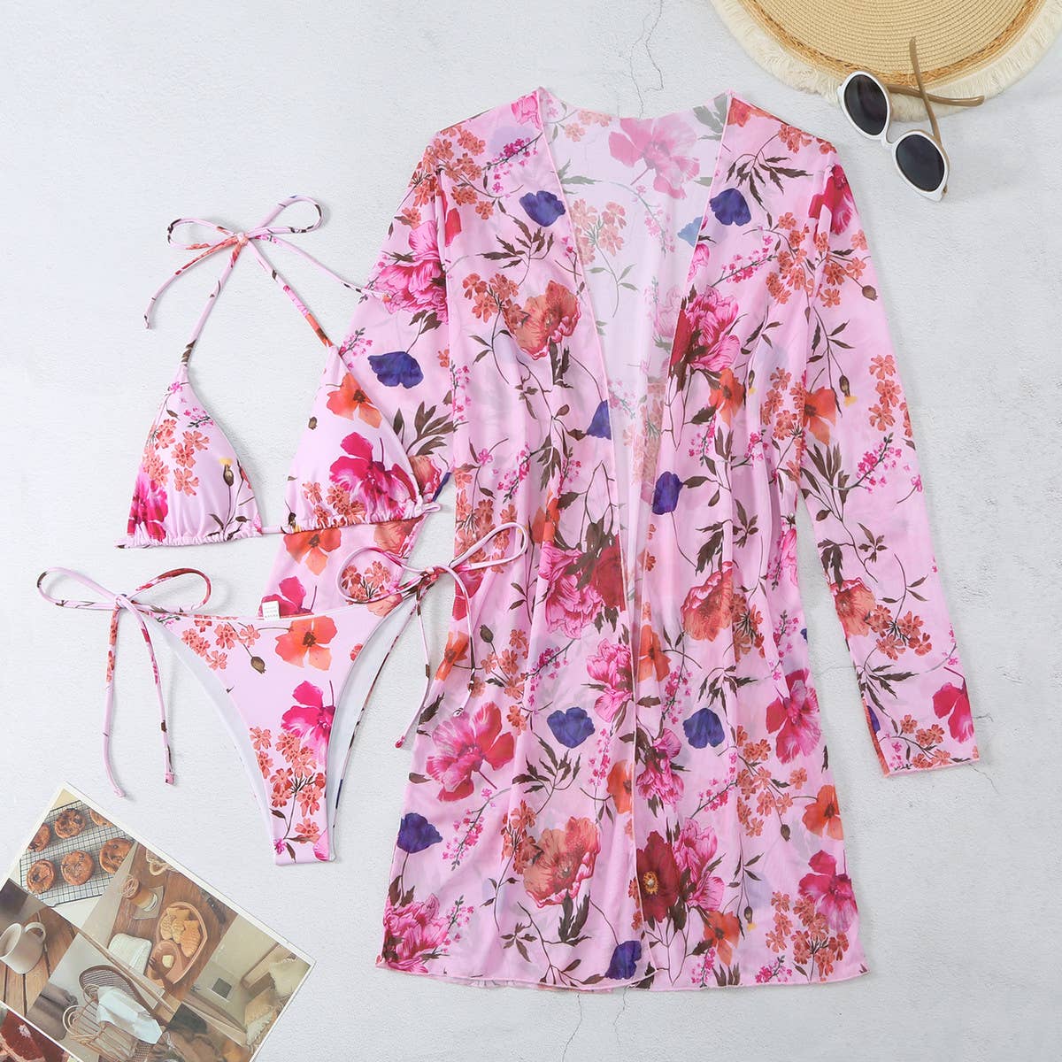 Floral Print Cover-Up Bikini 3Pcs/Set Swimsuit
