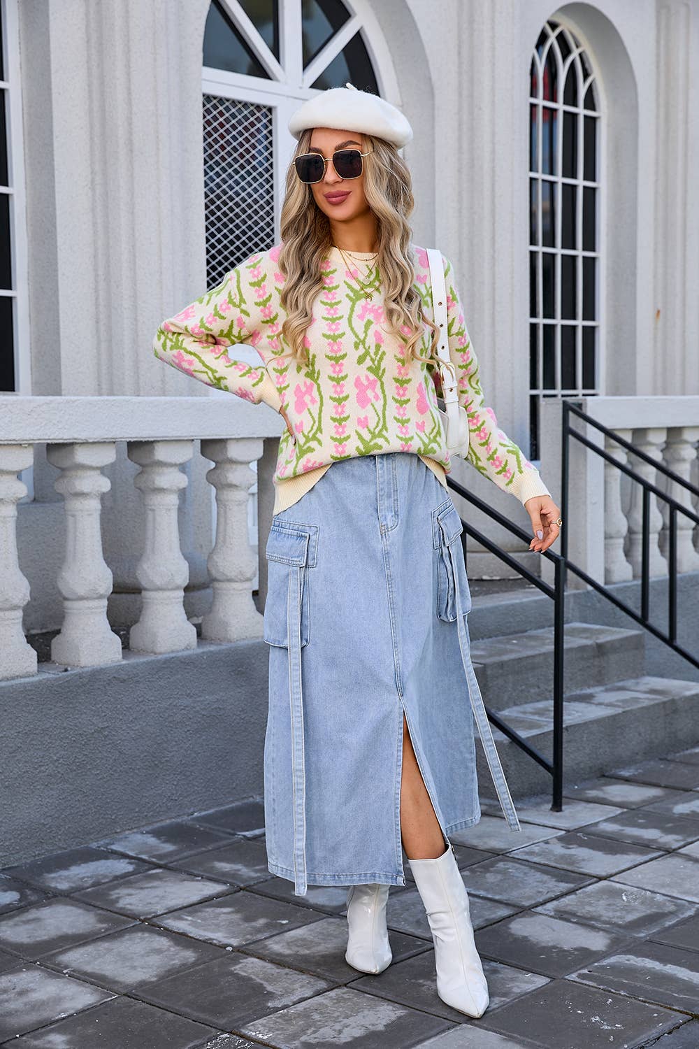 Jacquard twig round neck flower knit sweater