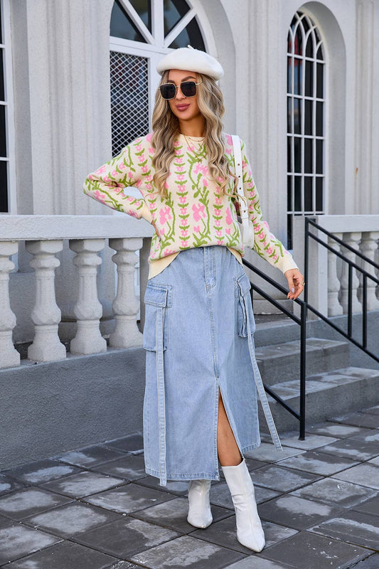 Jacquard twig round neck flower knit sweater