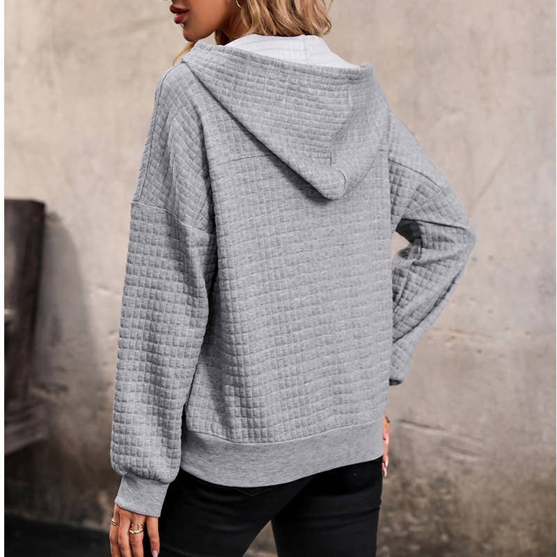WAFFLE LONG SLEEVE SOLID COLOR LOOSE HOODIE