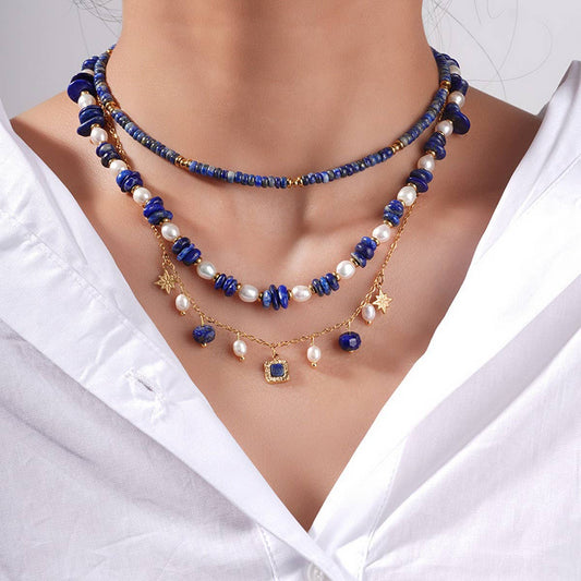 Unique Natural Stone Pearl Necklace Set with Lapis