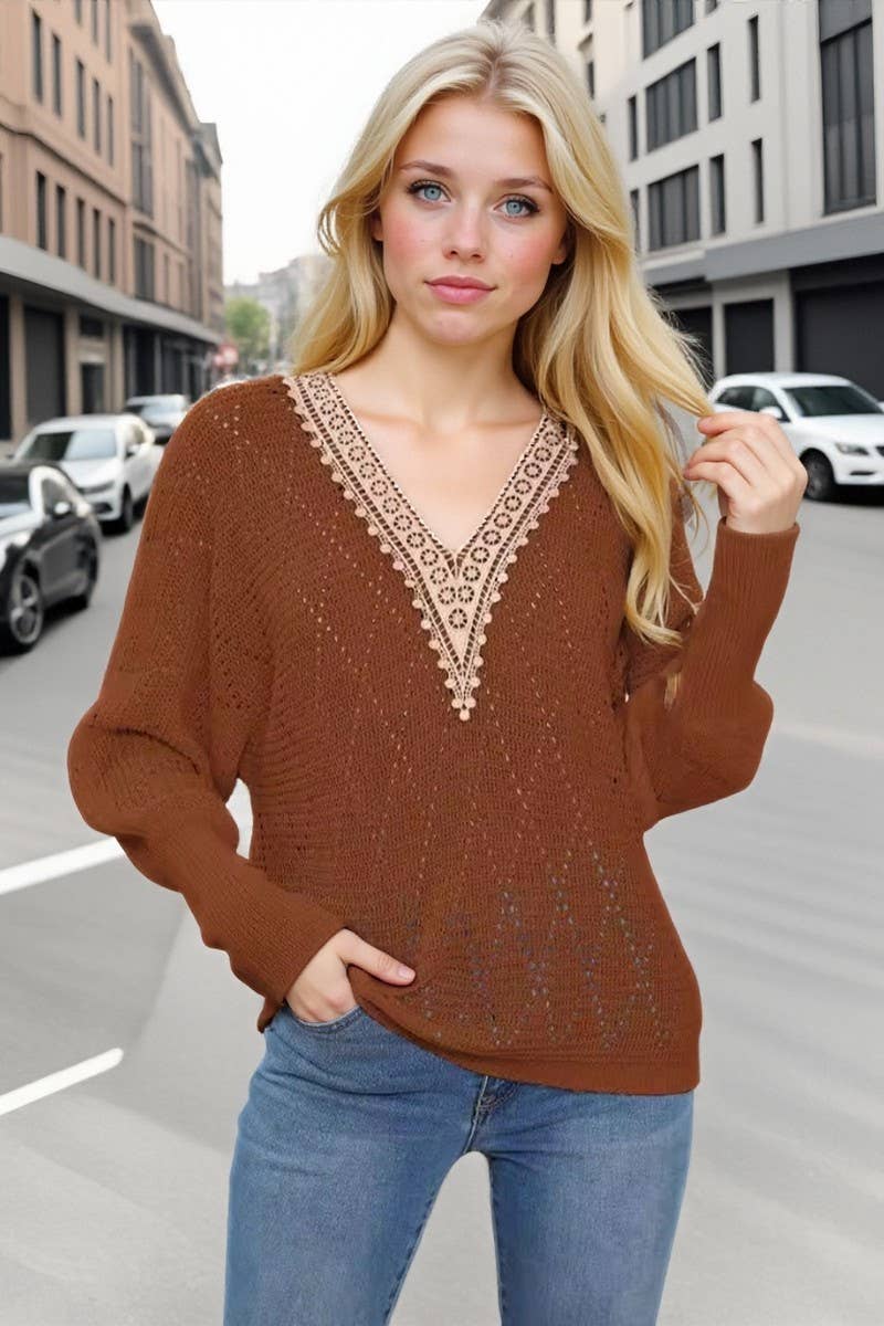 CWOSWL07411_WOMEN LACE V-NECK SLEEVE KNIT SWEATER