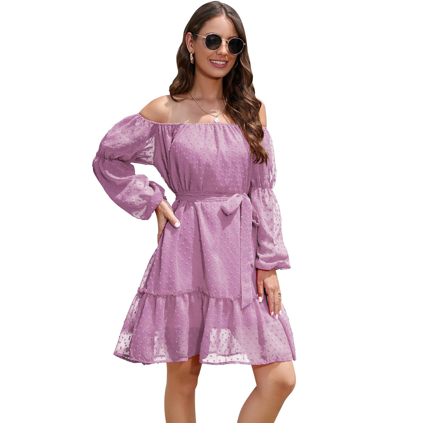 Loose one-shoulder hairball chiffon belt dress