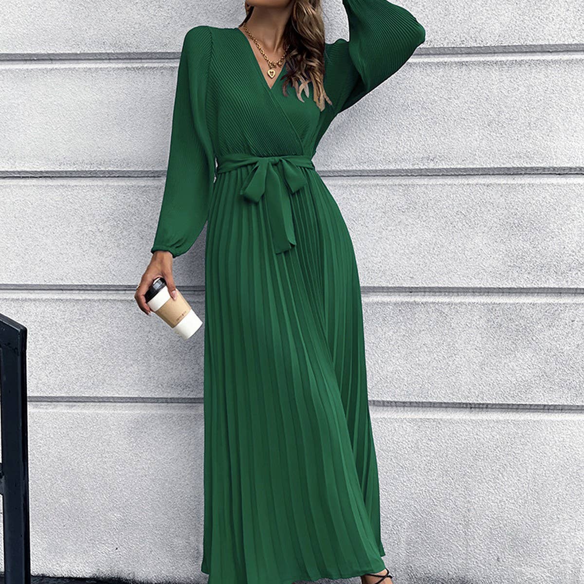 V-neck long sleeve pleated A-line long dress