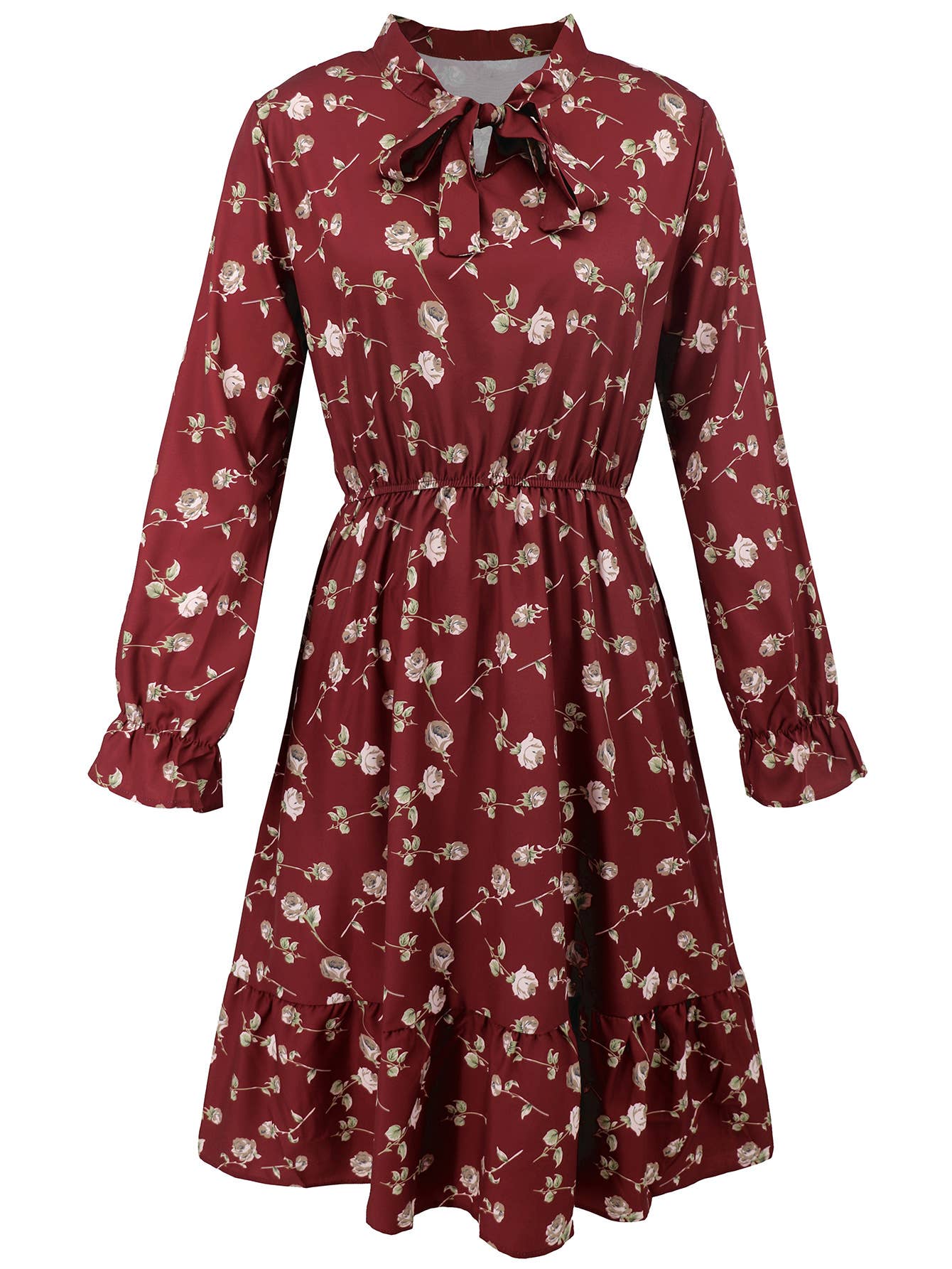 Waist-Cinched Floral Ruffle Bell Sleeve Dress