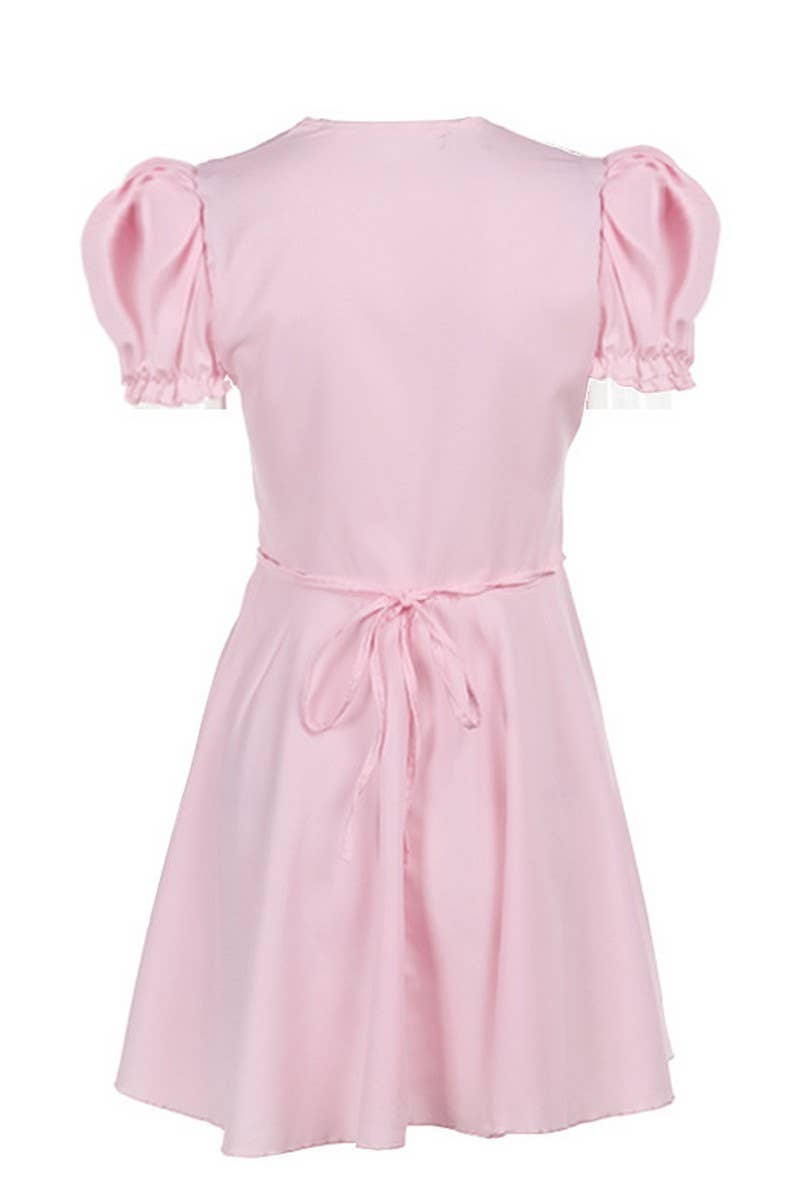 CWDSD6732_TEMPERAMENT PUFF SLEEVE WAIST V-NECK SEXY DRESS