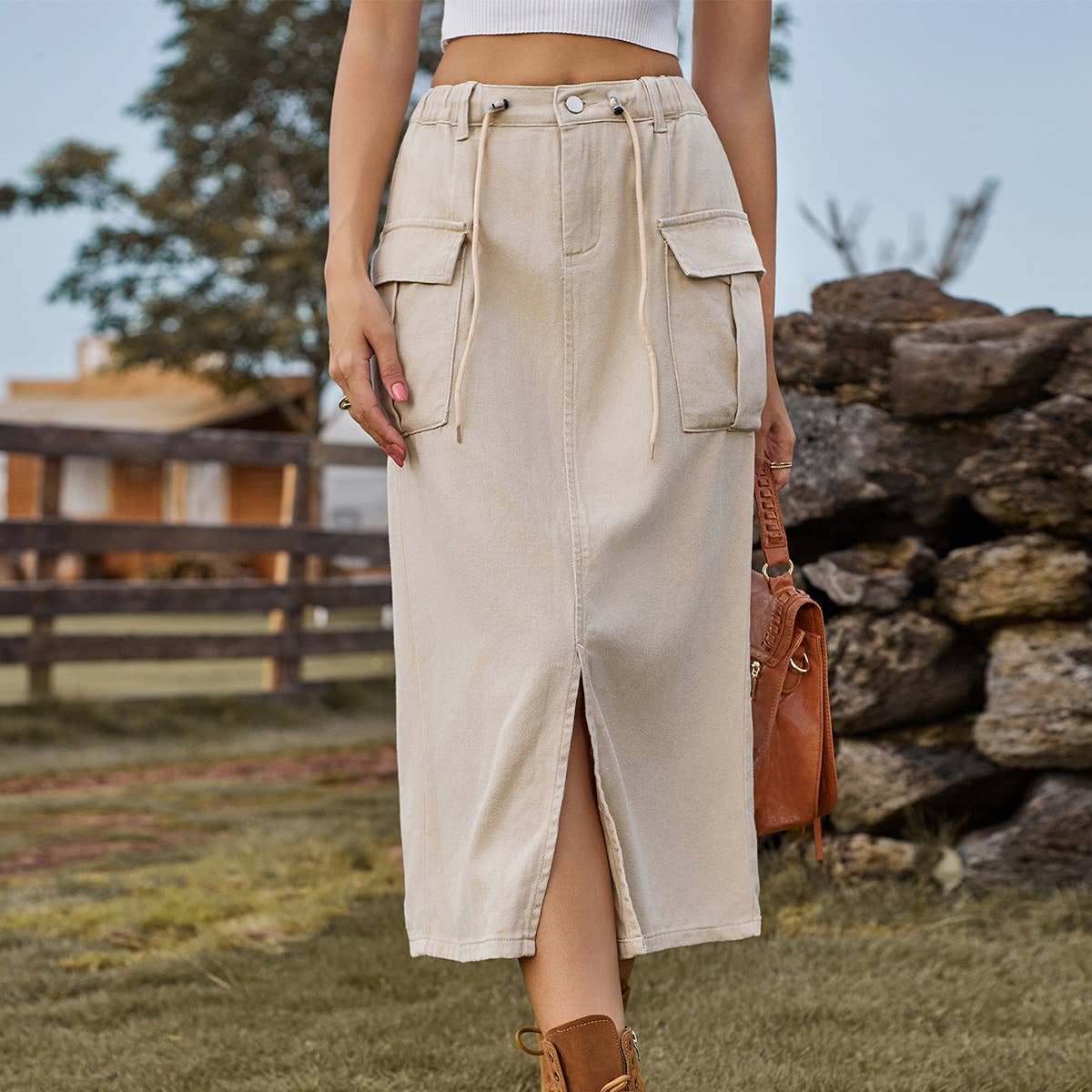 LACE-UP CARGO DENIM SLIT SKIRT