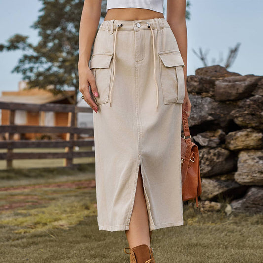 LACE-UP CARGO DENIM SLIT SKIRT