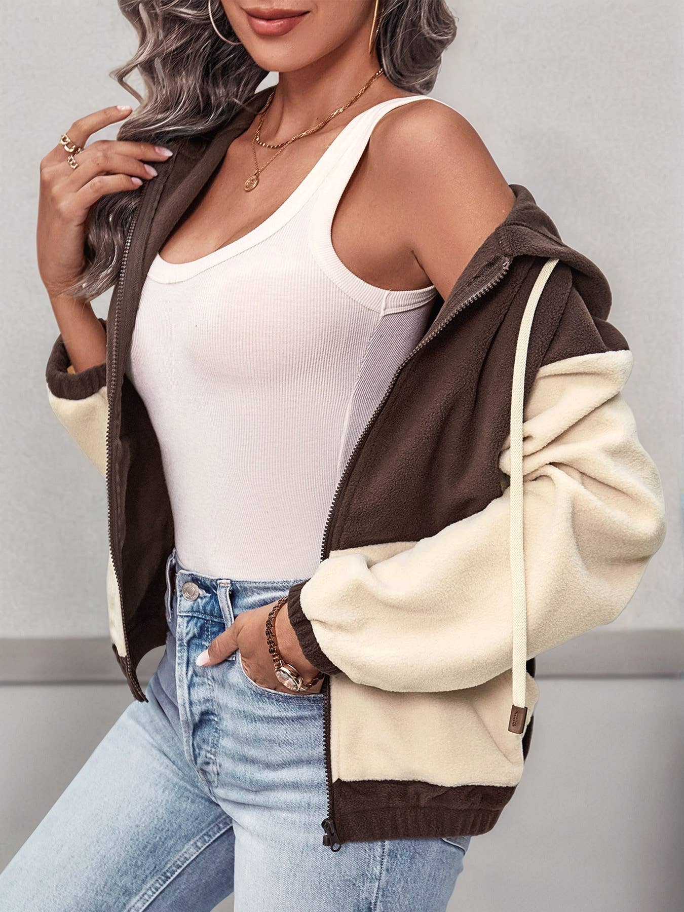 Hooded,color-blocked polar fleece zipper Jackets