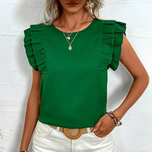 Solid color ruffled fly-sleeve blouse