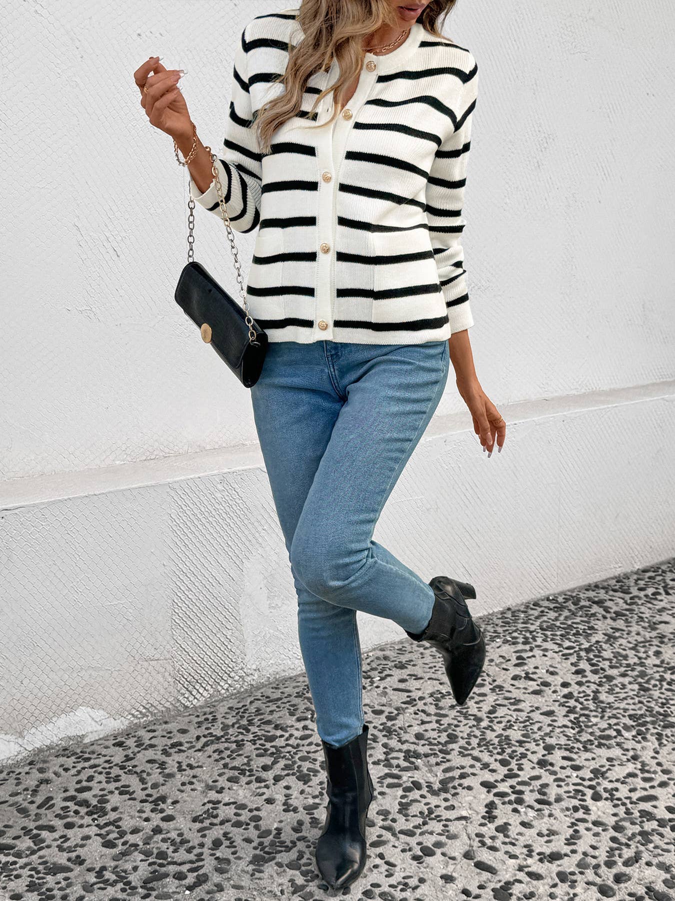 Striped color-blocking long sleeve knit cardigan