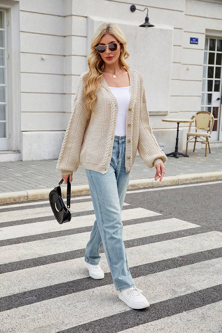 V-neck buttoned single-breasted knitted cardigan