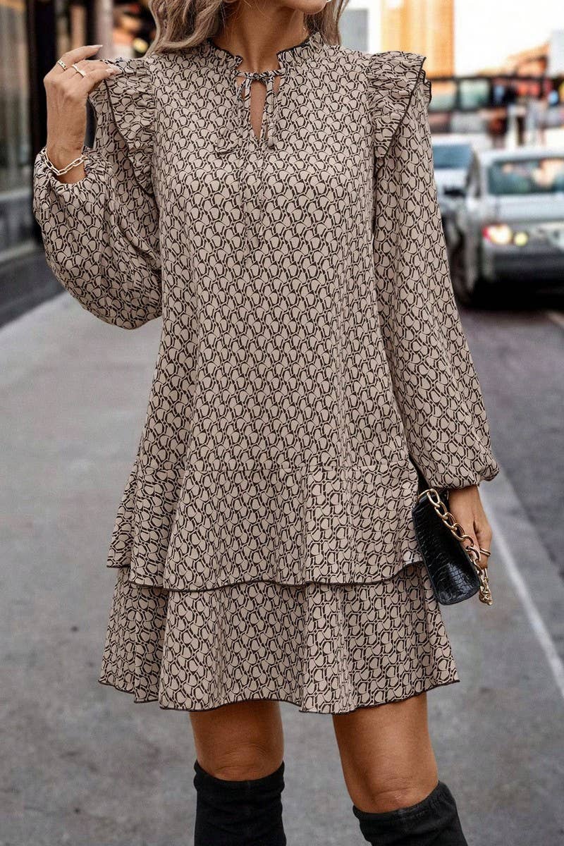 CWDSD8220_V-NECK TIE GEOMETRIC PRINT LONG SLEEVE DRESS