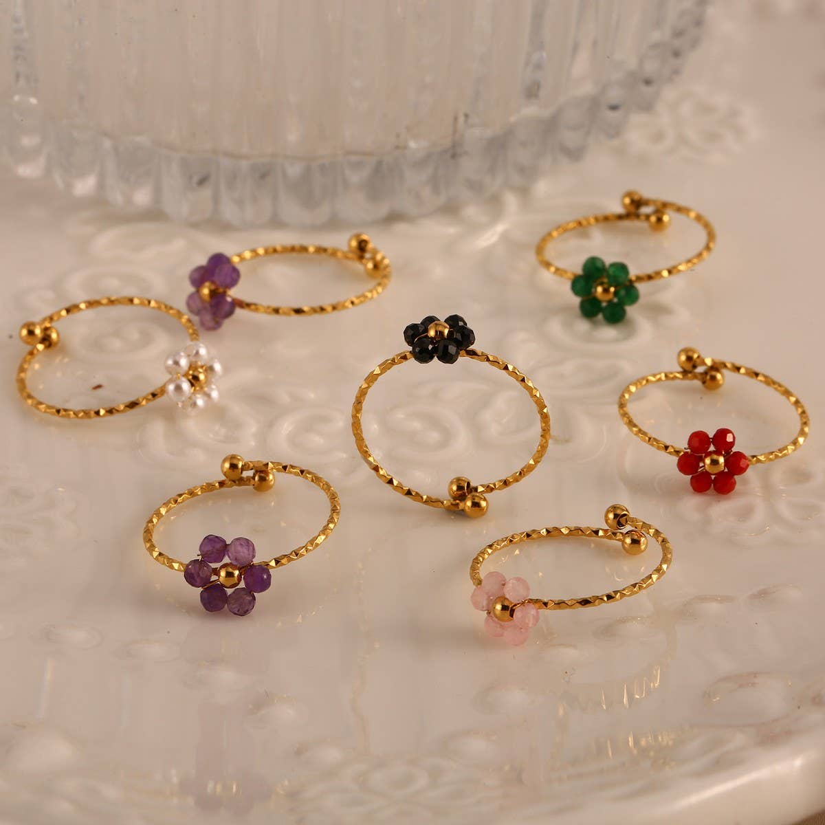 Adjustable Steel Ring with Gem Flower Design_CWMM8934