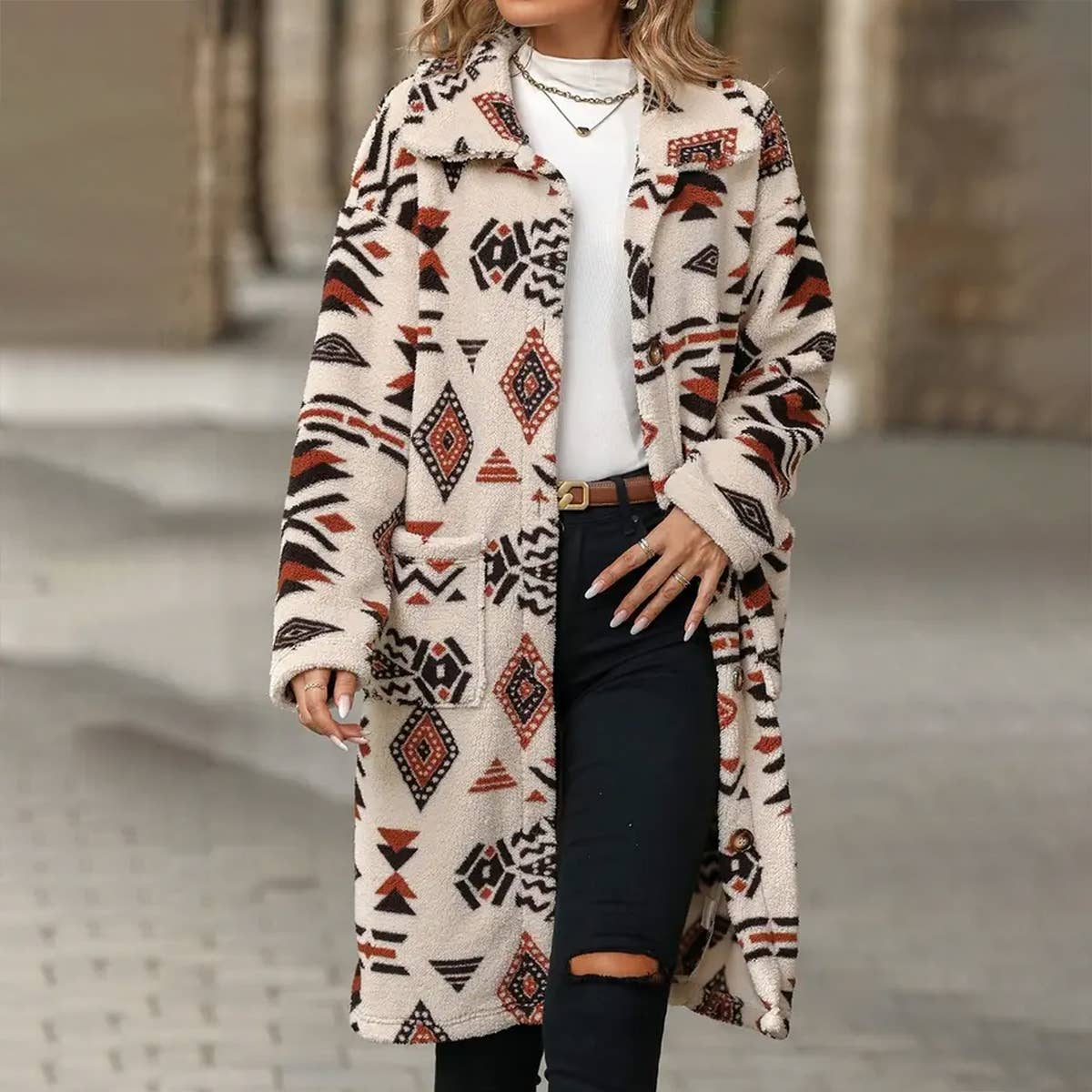 WOMEN ETHNIC STYLE PRINTED PLUSH LONG COAT_CWOCO0123
