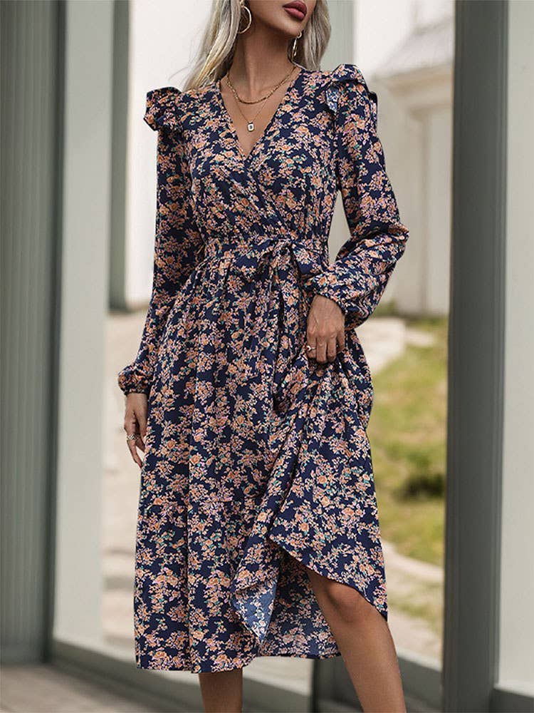 Ruffled long-sleeved printed V-neck dress