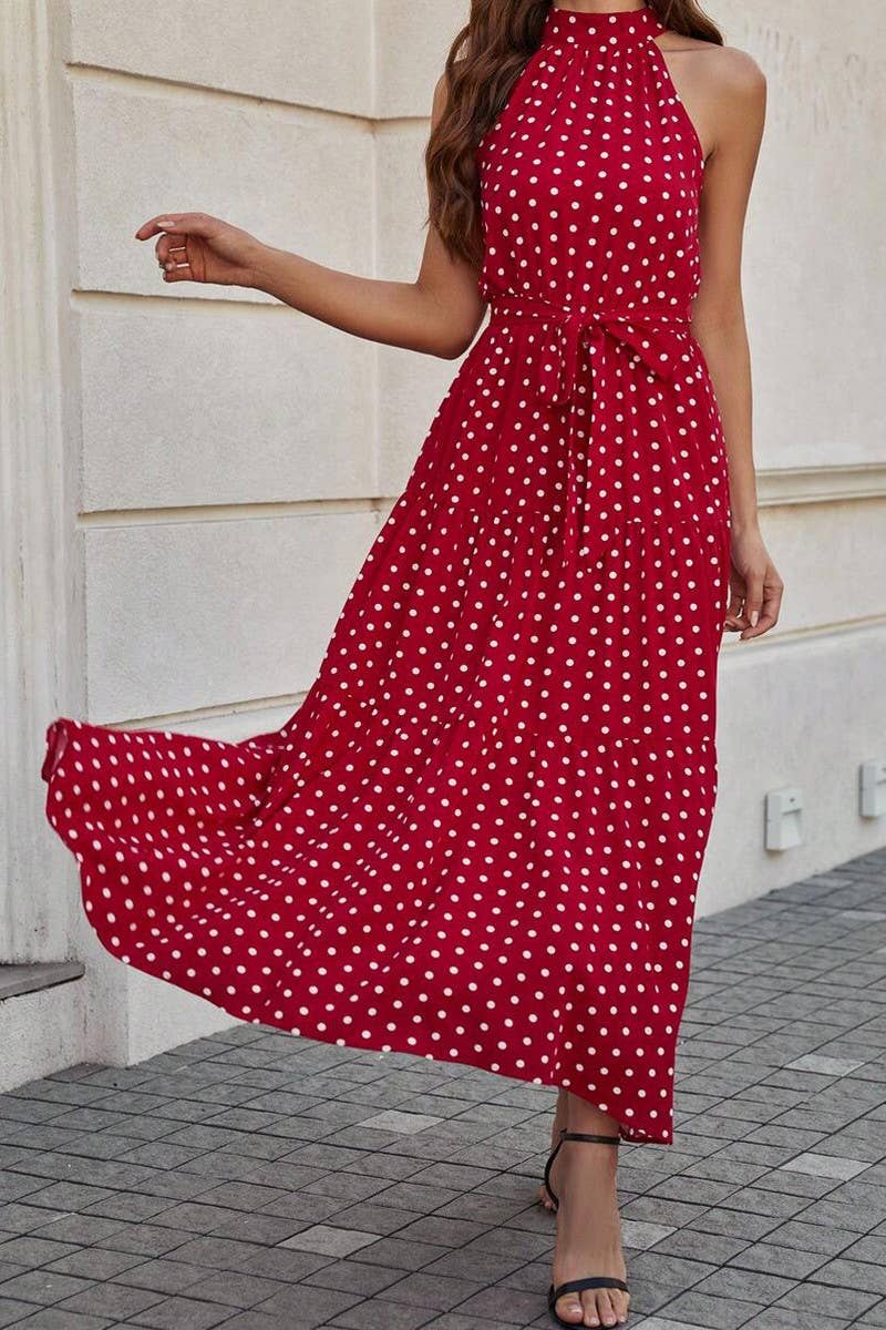 Polka dot printed bouquet ribbon halter dress
