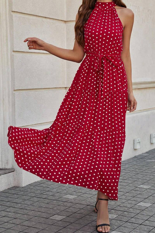 Polka dot printed bouquet ribbon halter dress