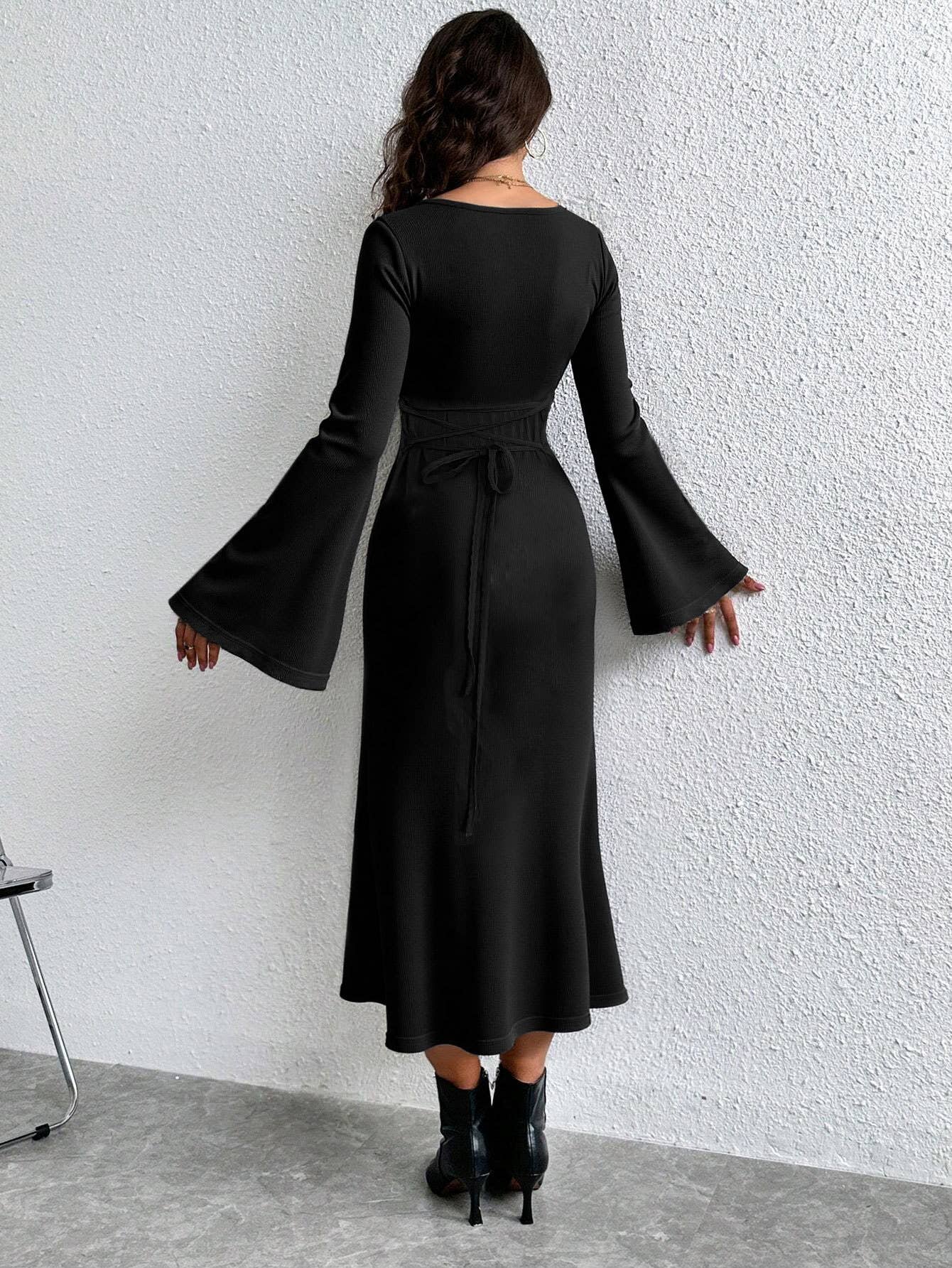 Loose U collar back flared sleeve slim dress