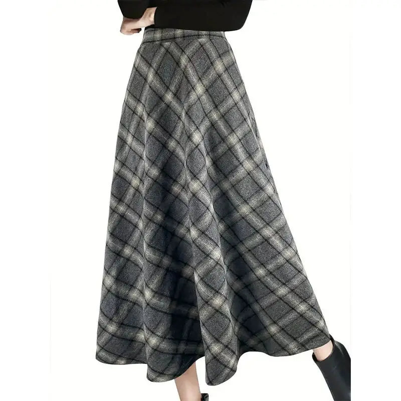 PLAID WOOL THICKENED VINTAGE LONG A-LINE SKIRT