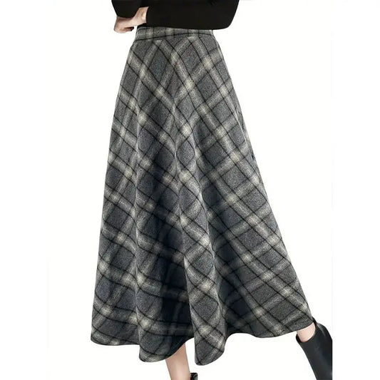 PLAID WOOL THICKENED VINTAGE LONG A-LINE SKIRT
